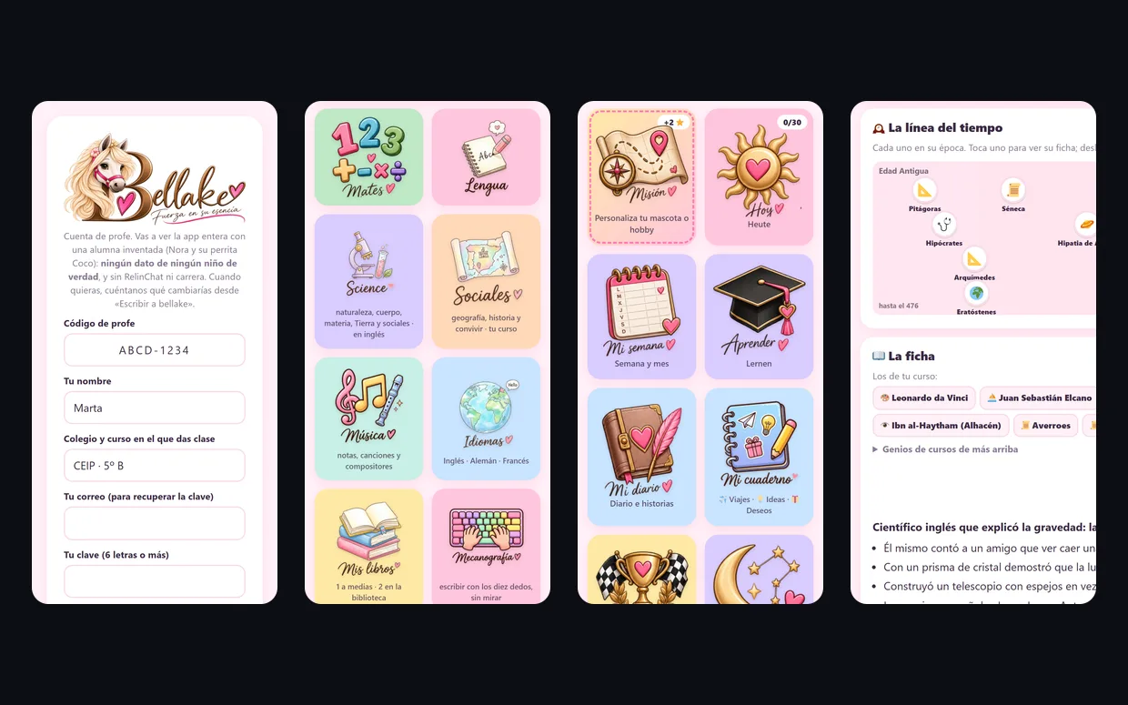 Cuatro pantallas de una app familiar de aprendizaje en el móvil