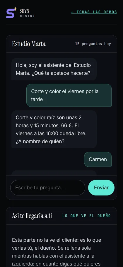 La demo de la peluquería vista en un móvil: una clienta pide corte y color